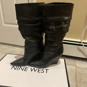 Black Leather Nine West Slouch Boots Wedge
